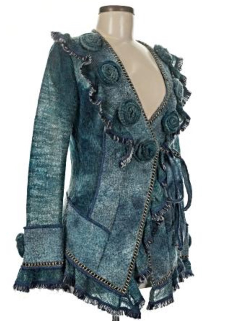 Stylish Boston Proper Teal Textured Wrap Cardigan Jacket Rosette Detail Size M - Picture 4 of 12